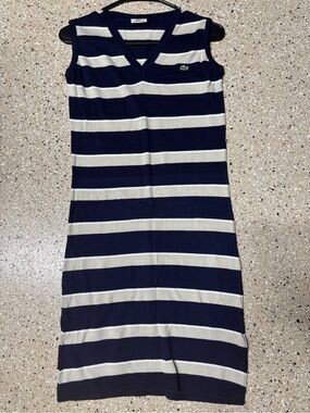 Lacoste Navy and Cream Striped V-Neck Knit Dress